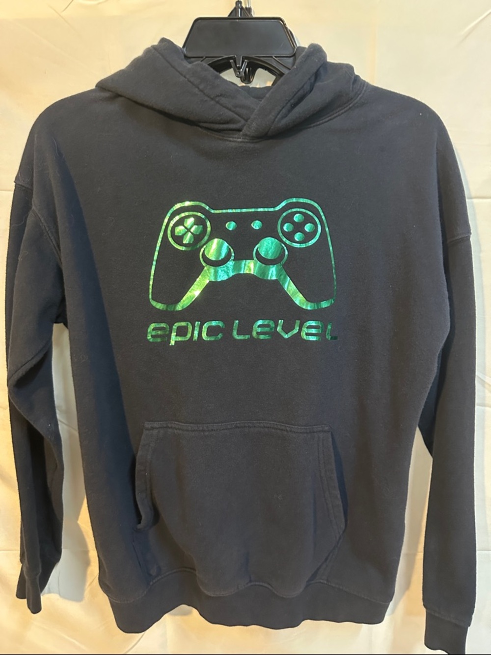 H&M Black Hoodie with Green Holographic Game Controller Graphic